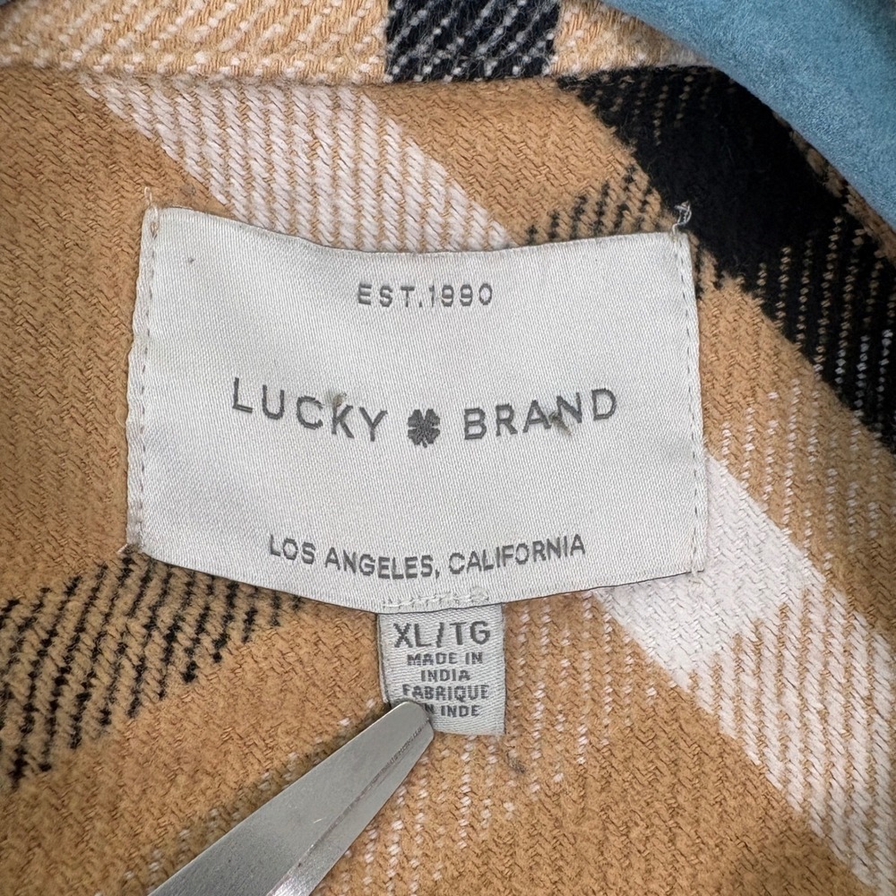 Lucky Brand Shacket Womens XL Tan Plaid Button Up Oversized Cotton Flannel Coat - Picture 5 of 9